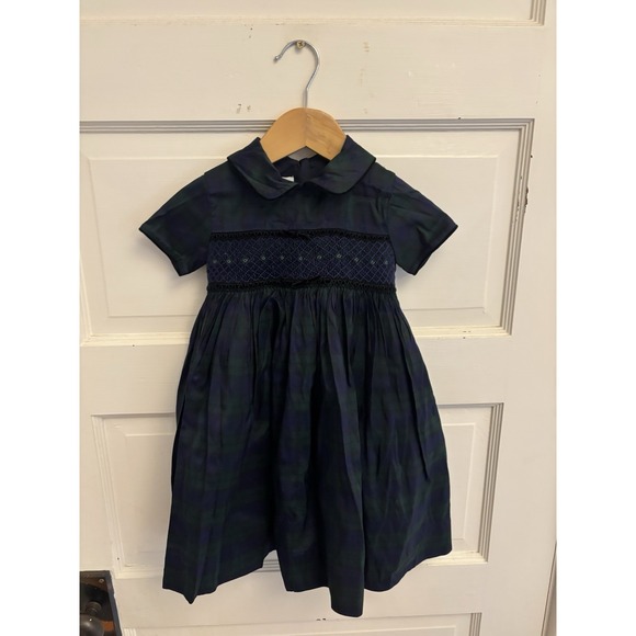 Vintage Anavini  Blackwatch Plaid Smocked Silk Dress Bib Collar Size 18M - Picture 1 of 5